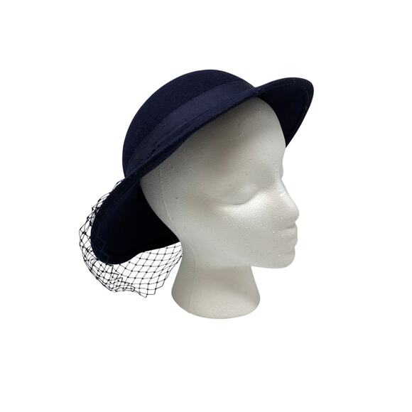 Vintage Navy Blue Doeskin Felt Wool Hat Veil Accent Geo W Bollman Mid Century - Picture 5 of 8